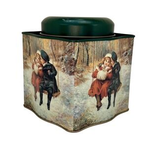 Christmas Tin Victorian‎ Winter Woods Scene Children on Swing Vintage Holiday